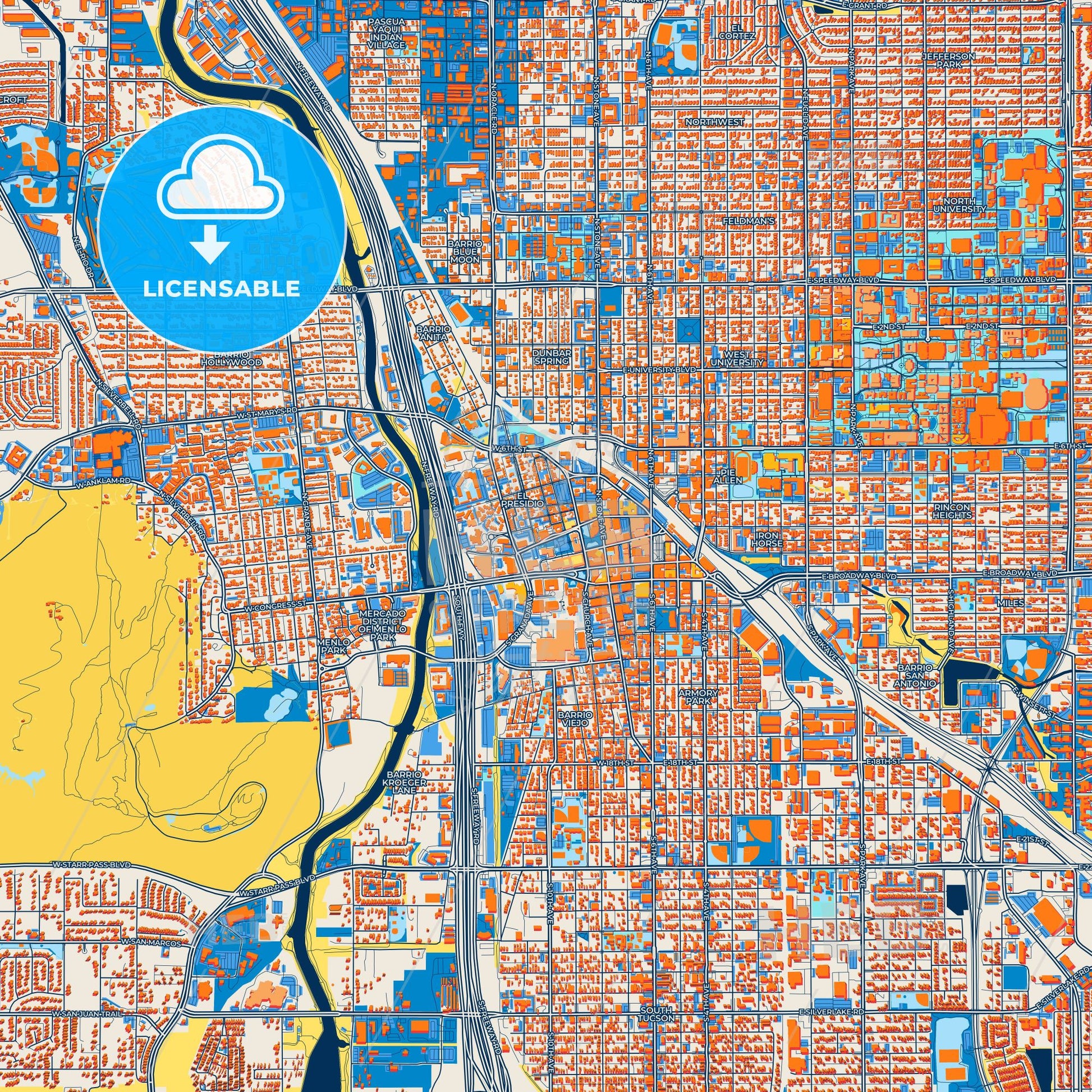 Colorful Tucson Street Map with Labels and Buildings