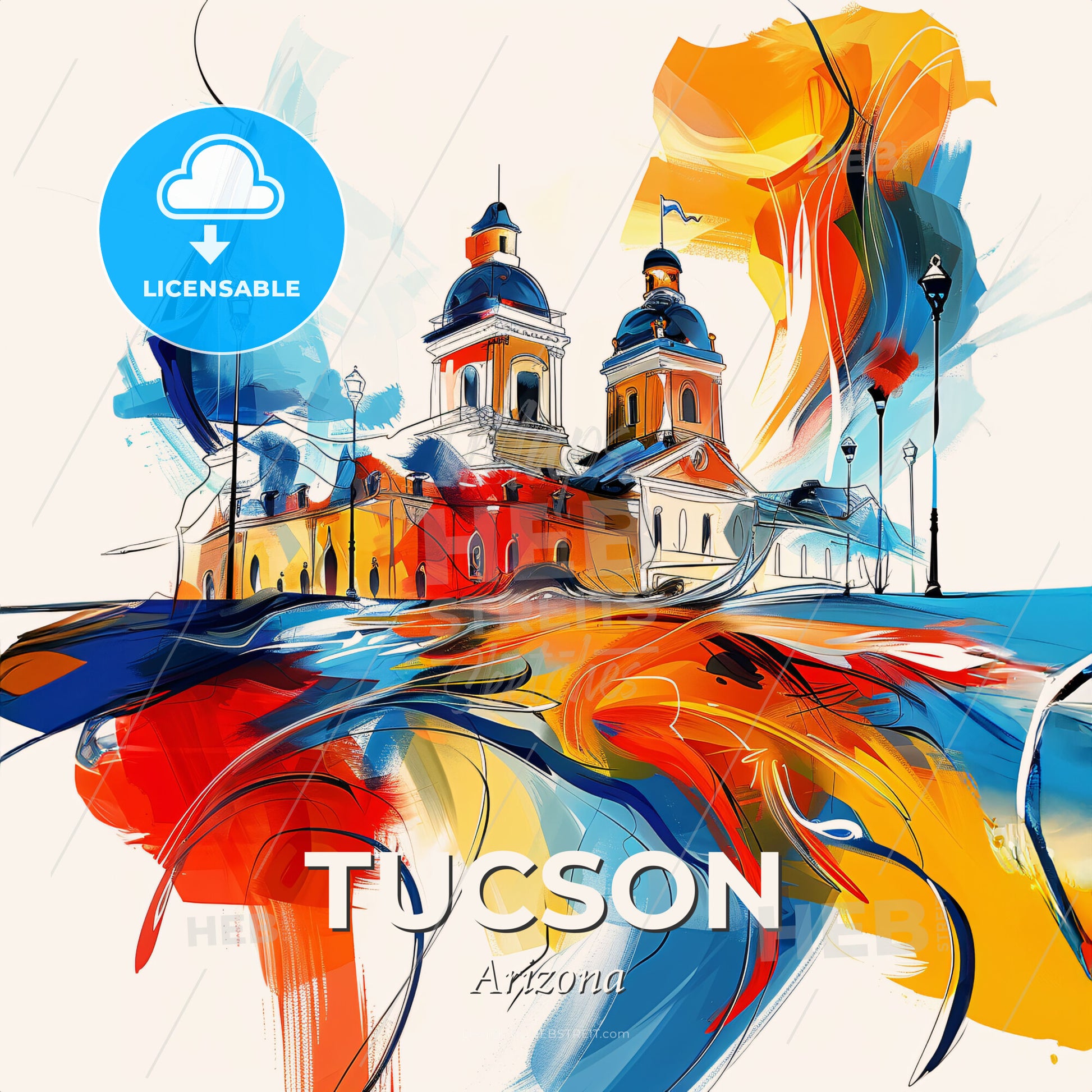 Vibrant Tucson, Arizona - A Painting Of A Building With A Colorful Background - Square format print template