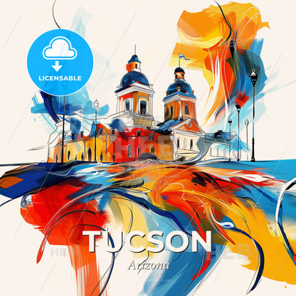 Vibrant Tucson, Arizona - A Painting Of A Building With A Colorful Background - Square format print template