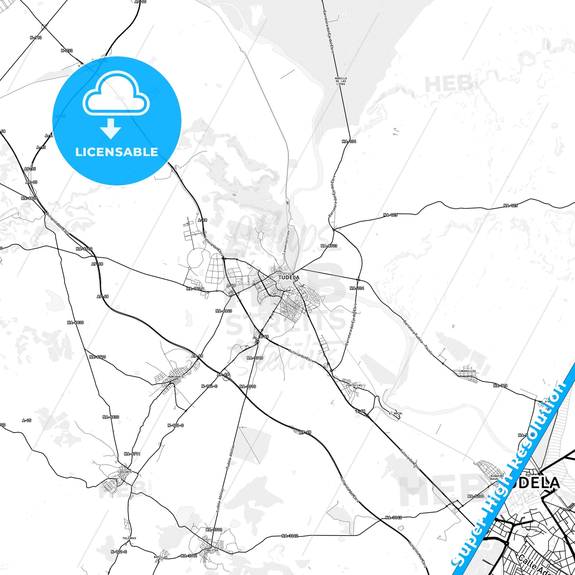Tudela, Spain light map with streetnames, citynames and districts