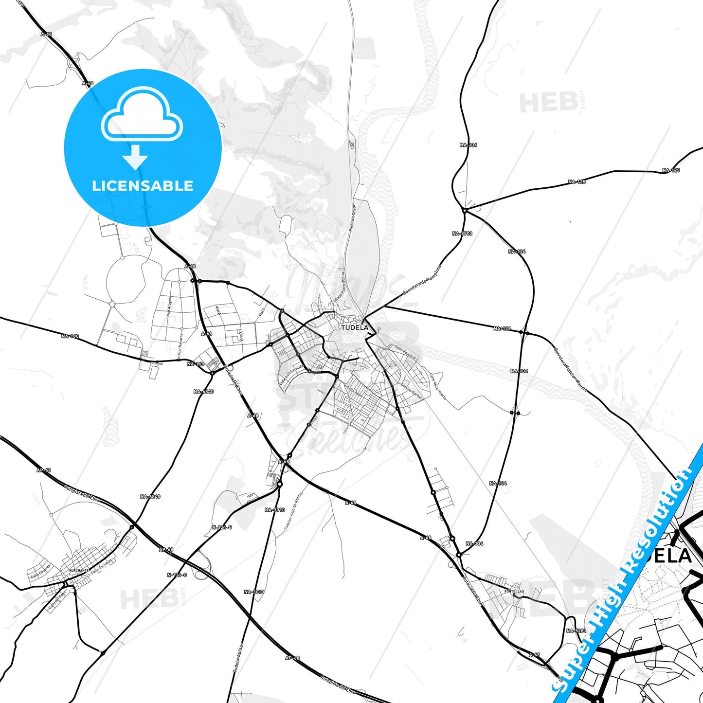 Tudela, Spain Light Map with Street Names, City Names, and Districts