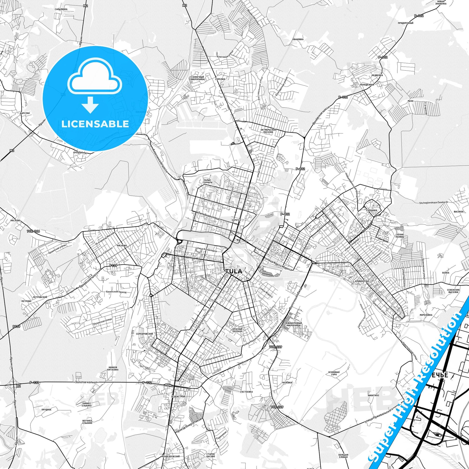 Tula, Russia light map with streetnames, citynames and districts