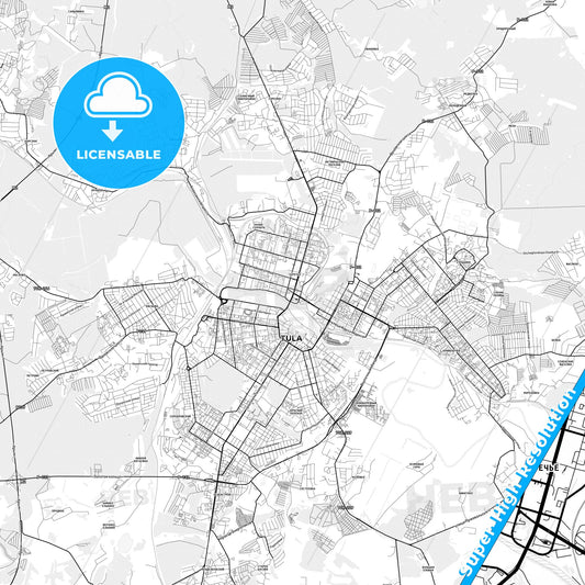 Tula, Russia light map with streetnames, citynames and districts