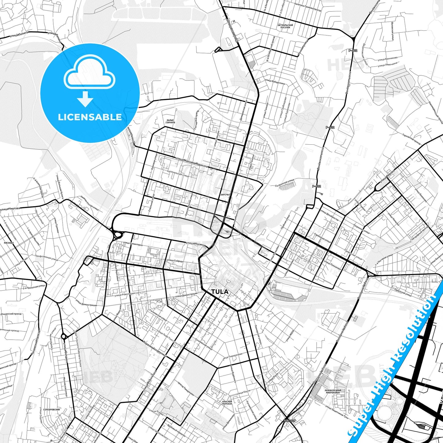 Tula, Russia Light Map with Street Names, City Names, and Districts