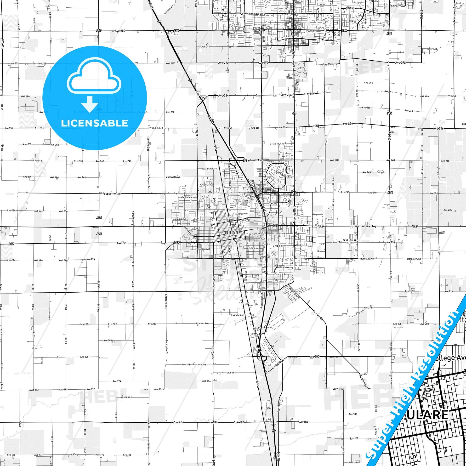 Tulare, California light map with streetnames, citynames and districts
