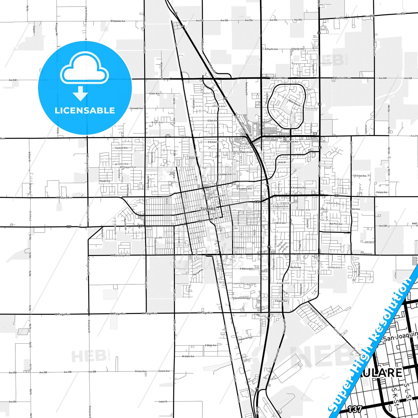 Tulare, California Light Map with Street Names, City Names, and Districts