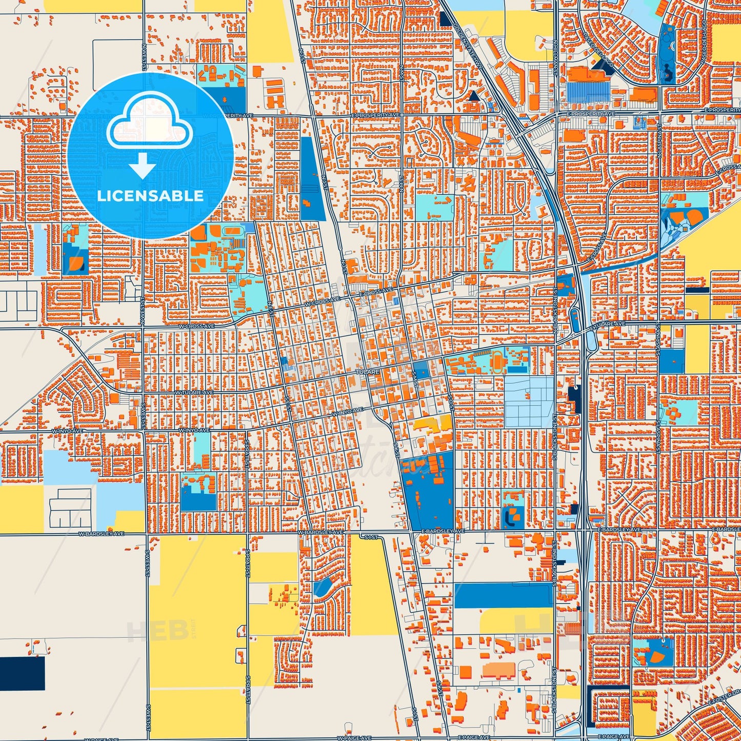Colorful Tulare Street Map with Labels and Buildings