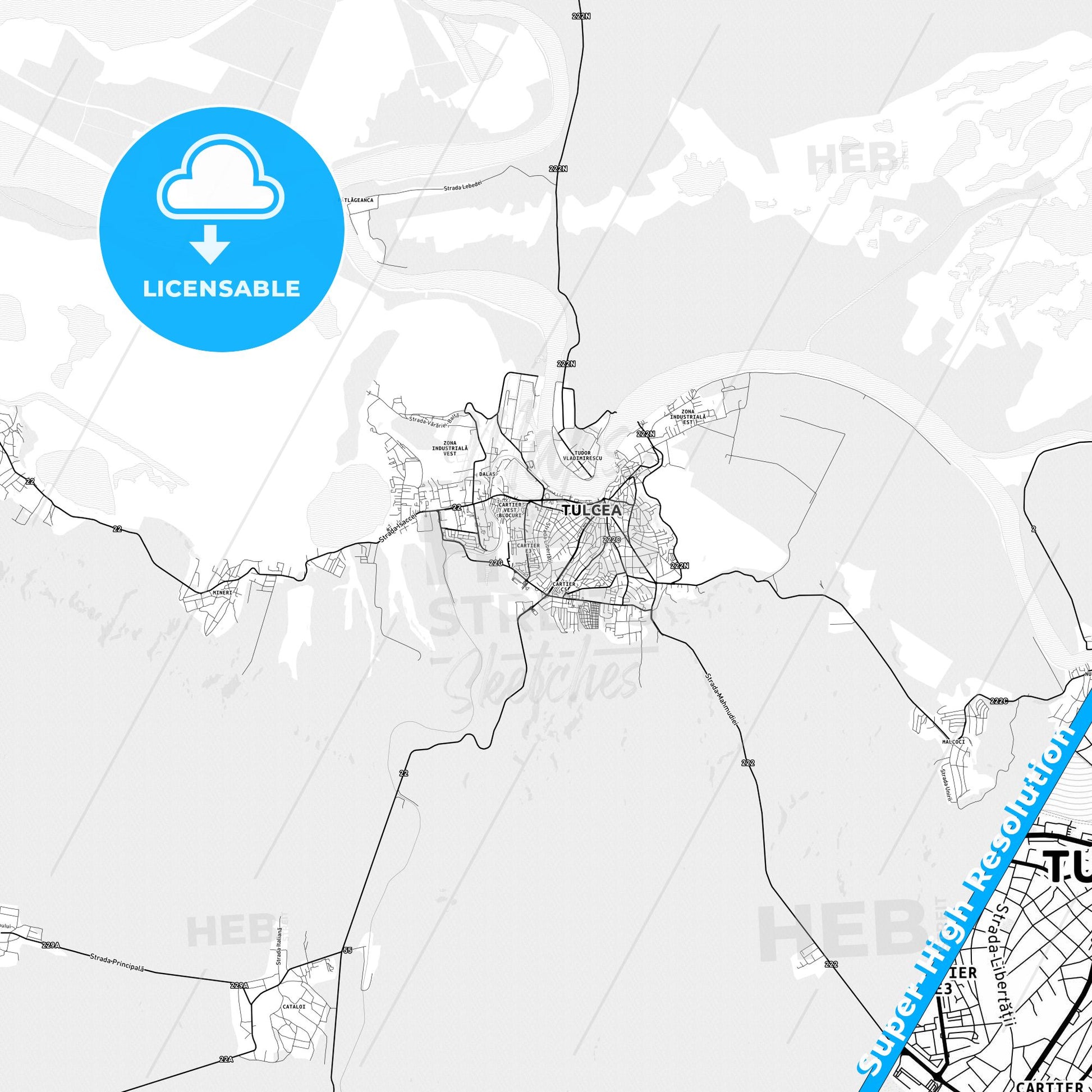 Tulcea, Romania light map with streetnames, citynames and districts