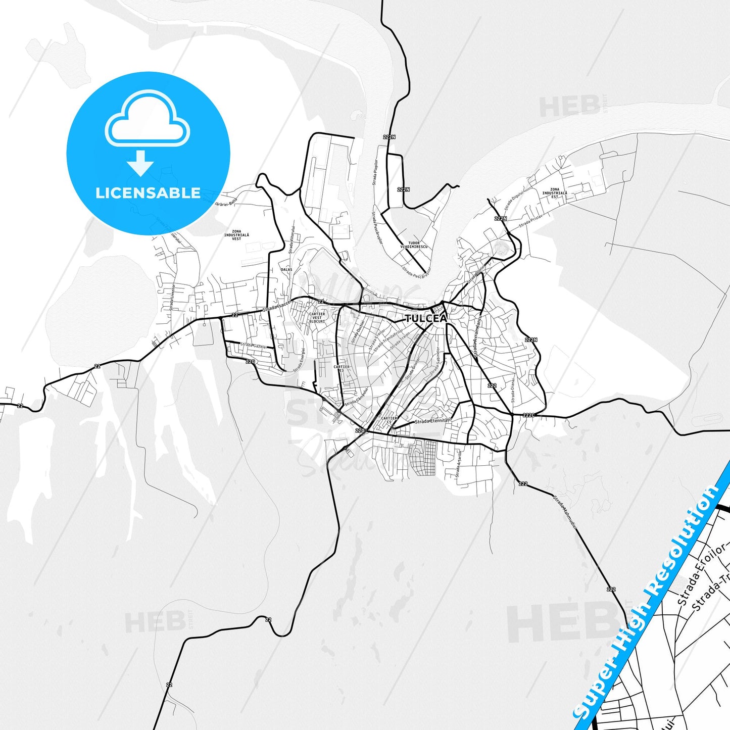 Tulcea, Romania Light Map with Street Names, City Names, and Districts