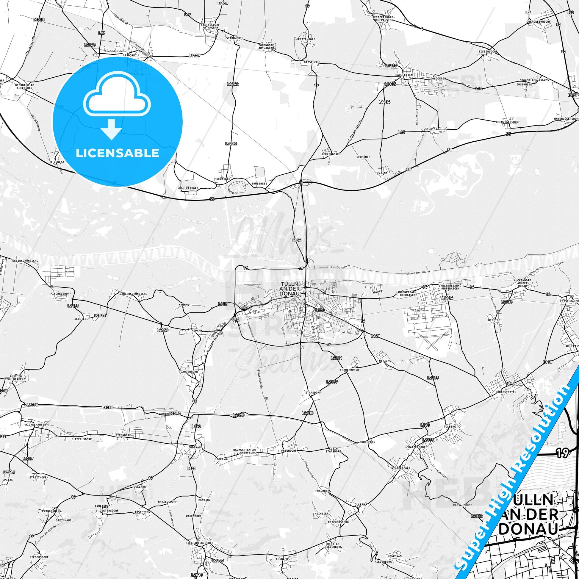 Tulln, Austria light map with streetnames, citynames and districts