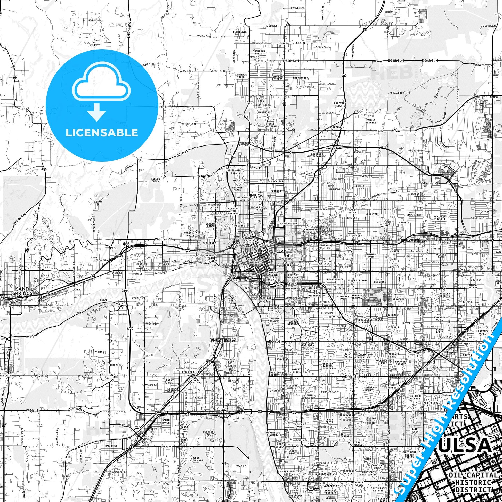 Tulsa, Oklahoma light map with streetnames, citynames and districts