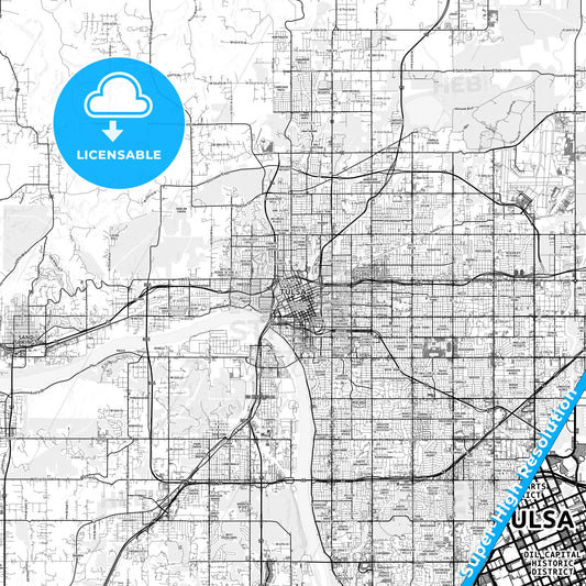 Tulsa, Oklahoma light map with streetnames, citynames and districts