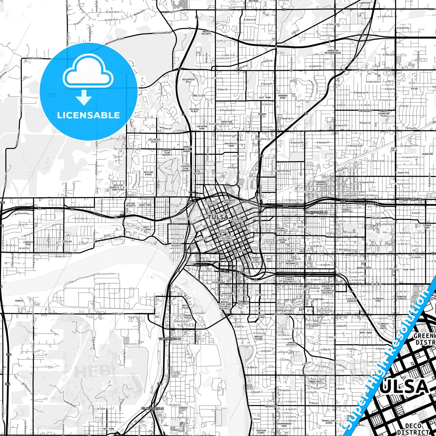 Tulsa, Oklahoma Light Map with Street Names, City Names, and Districts