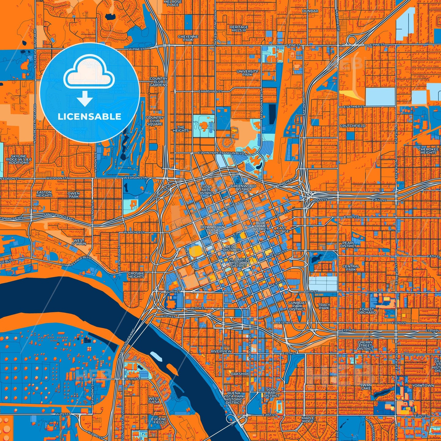 Colorful Tulsa Street Map with Labels and Buildings