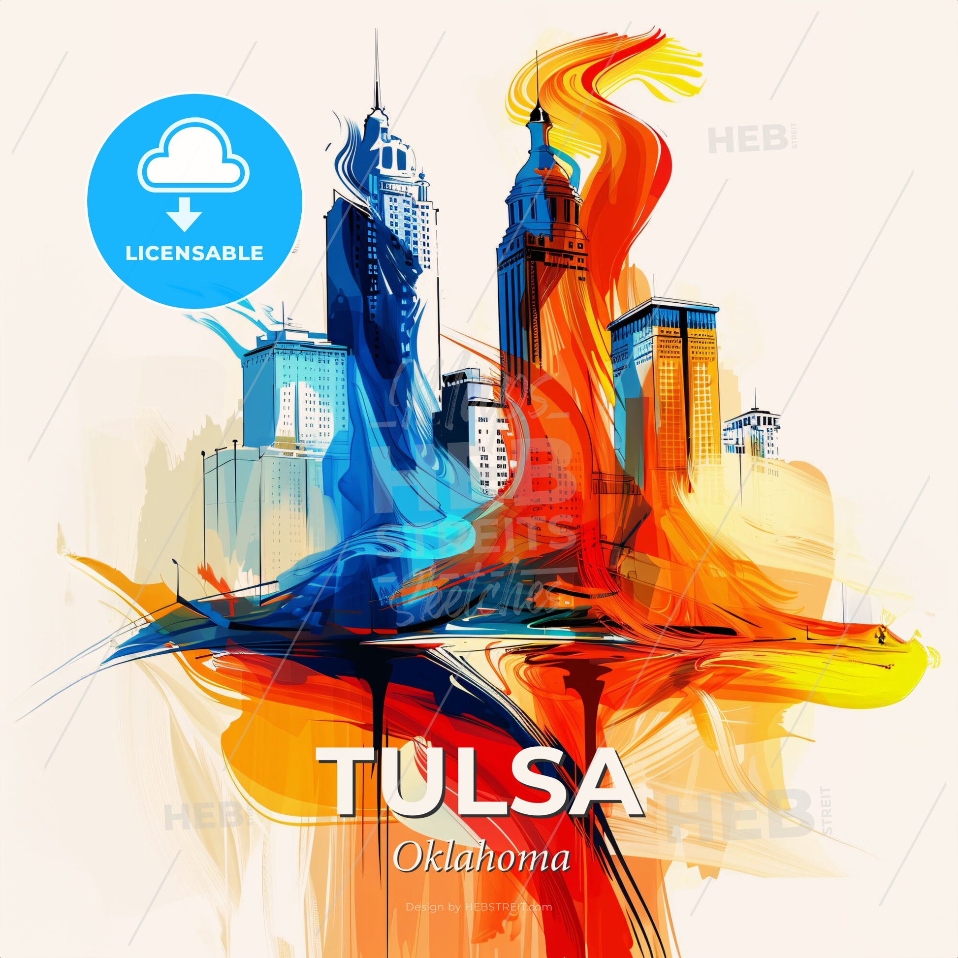 Vibrant Tulsa, Oklahoma - A Colorful Cityscape With A Flame - Square format print template