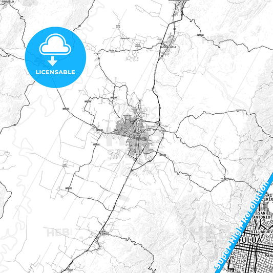 Tulua, Colombia light map with streetnames, citynames and districts