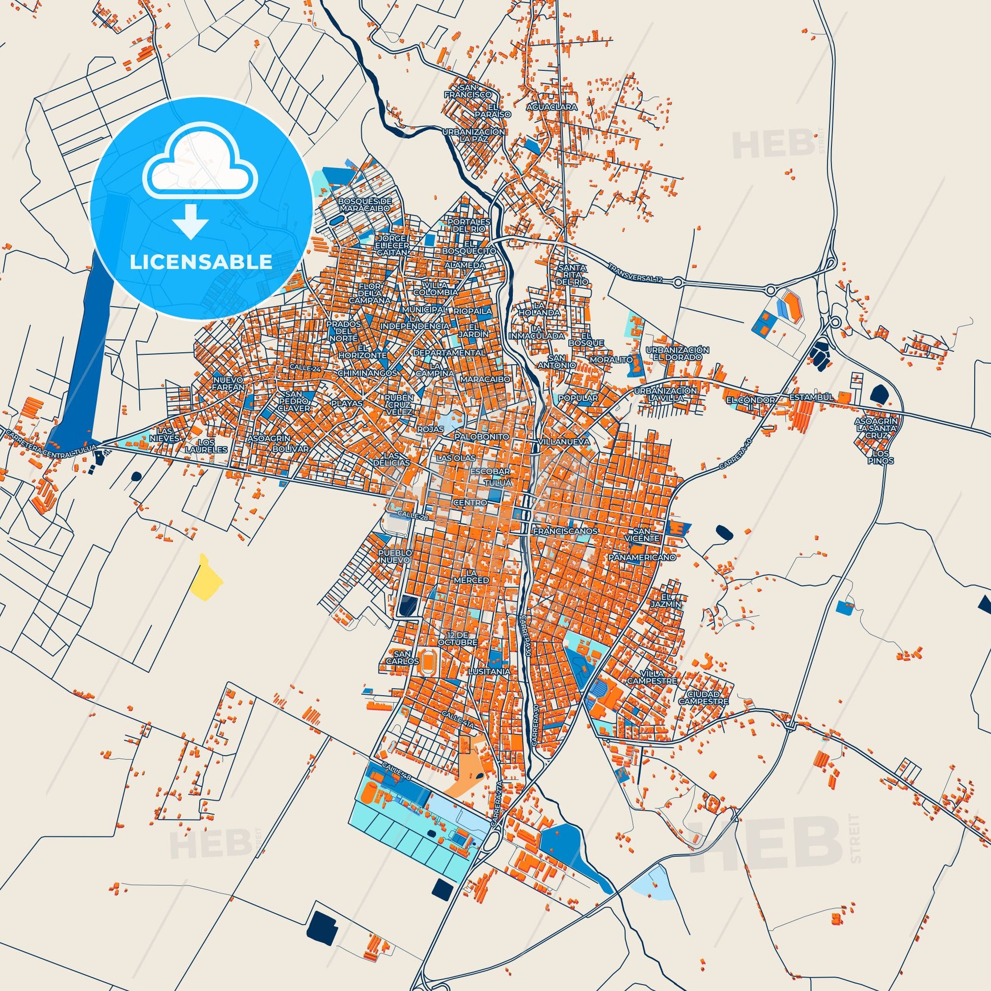 Colorful Tulua Street Map with Labels and Buildings
