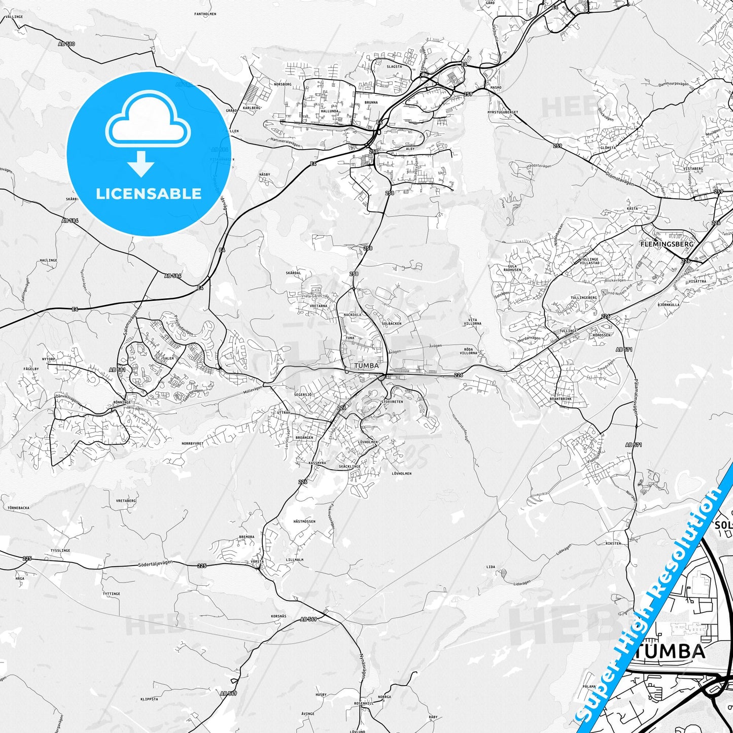 Tumba, Sweden light map with streetnames, citynames and districts