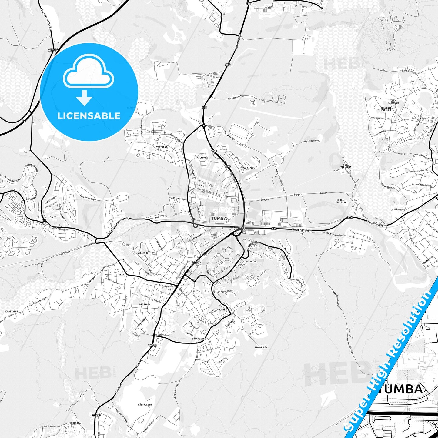 Tumba, Sweden Light Map with Street Names, City Names, and Districts