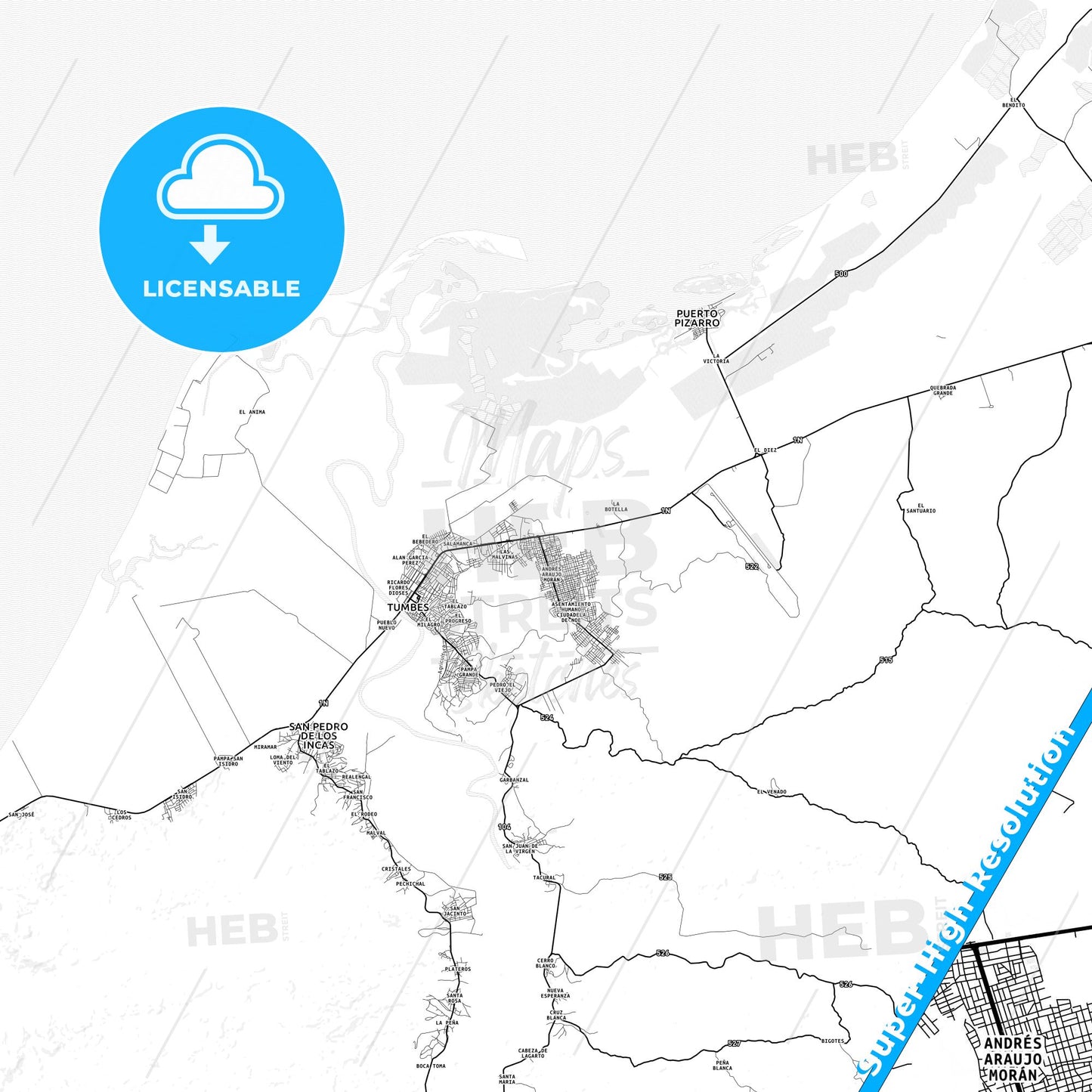 Tumbes, Peru light map with streetnames, citynames and districts