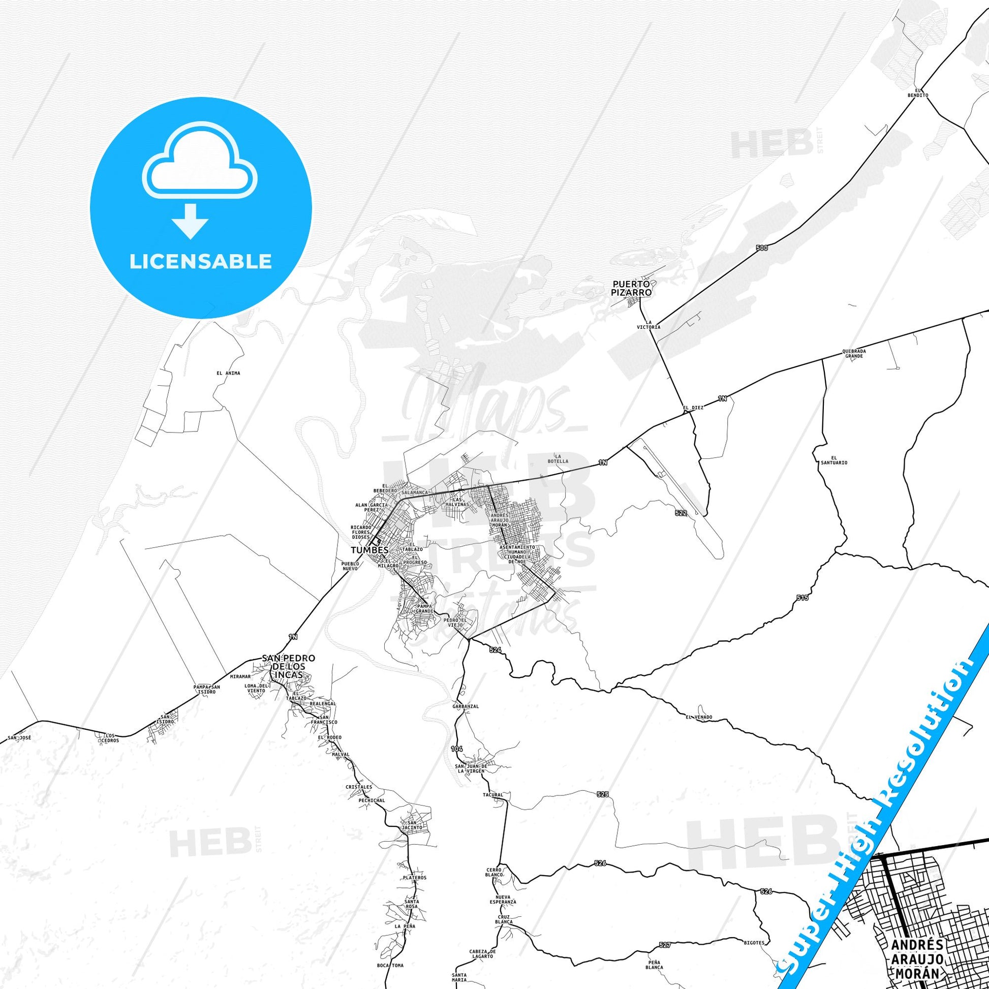 Tumbes, Peru light map with streetnames, citynames and districts