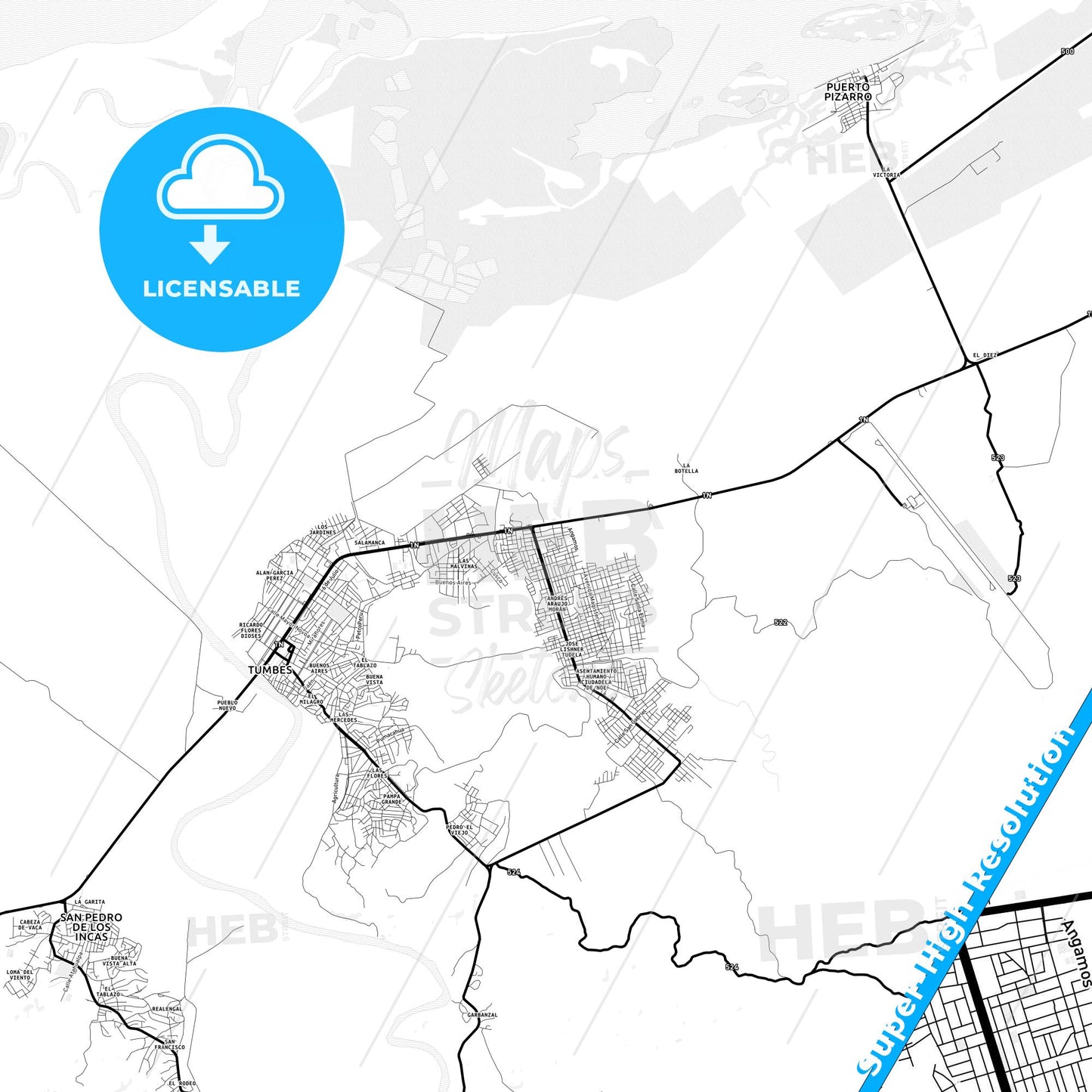 Tumbes, Peru Light Map with Street Names, City Names, and Districts
