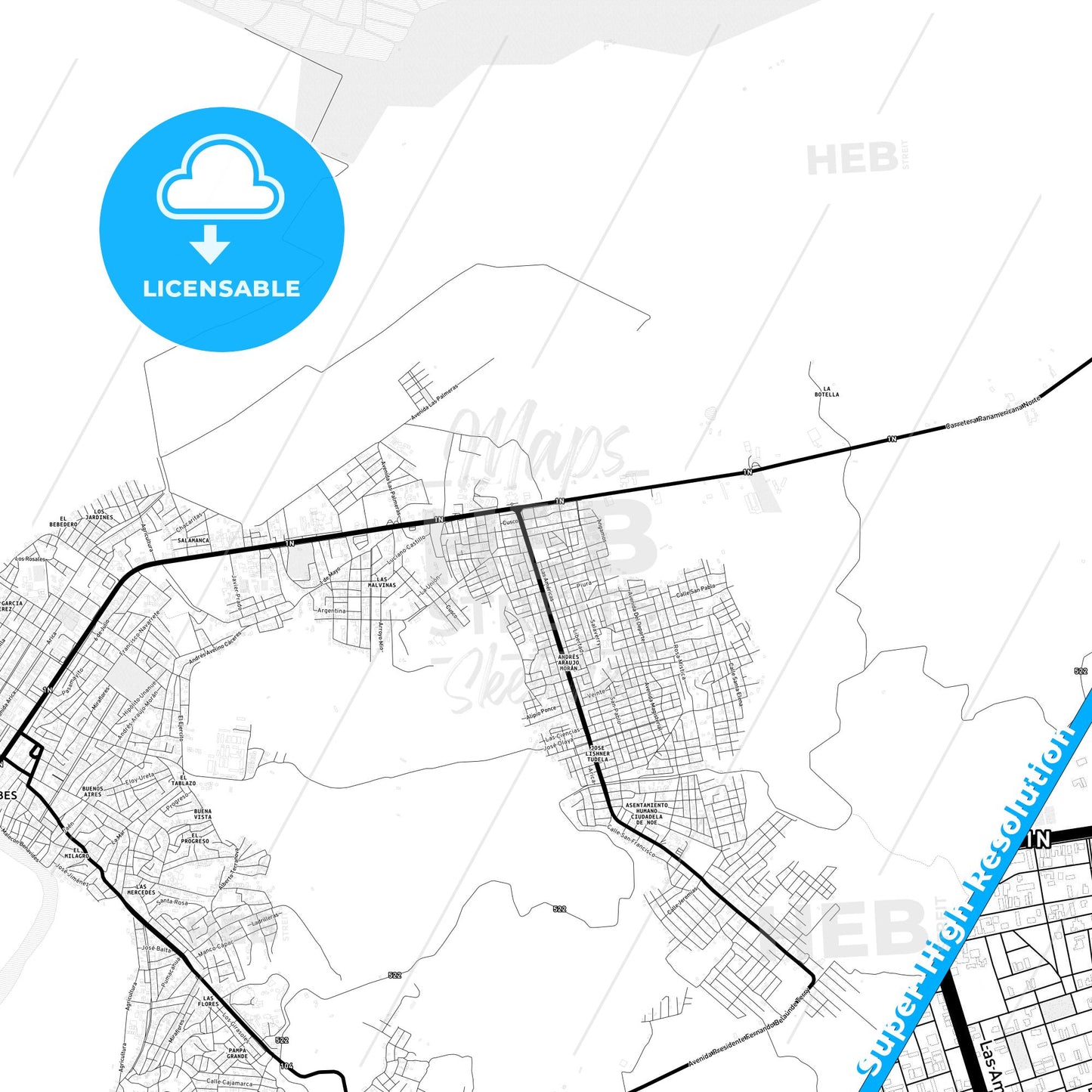 Tumbes, Peru Light Map with Street Names, City Names, and Districts