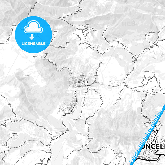 Tunceli, Turkey light map with streetnames, citynames and districts