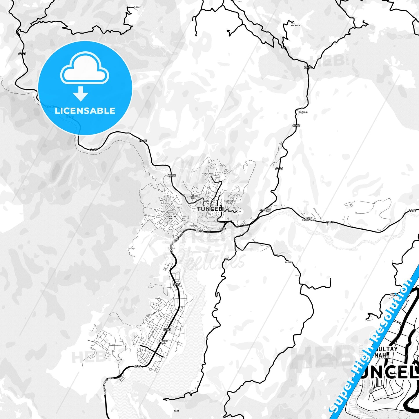 Tunceli, Turkey Light Map with Street Names, City Names, and Districts