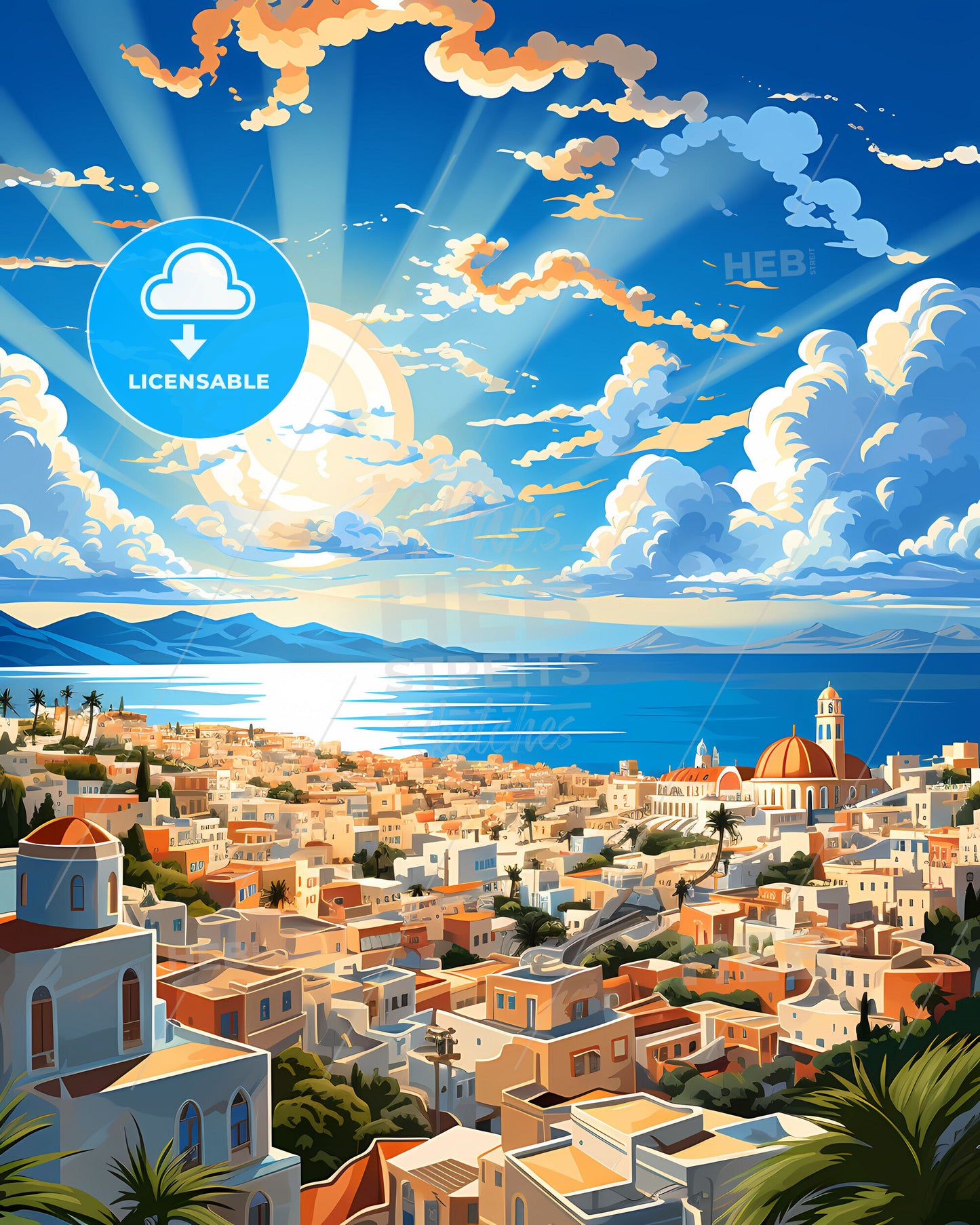 Vibrant Painting of Tunis Tunisia Skyline Depicting the City's Connection to Water