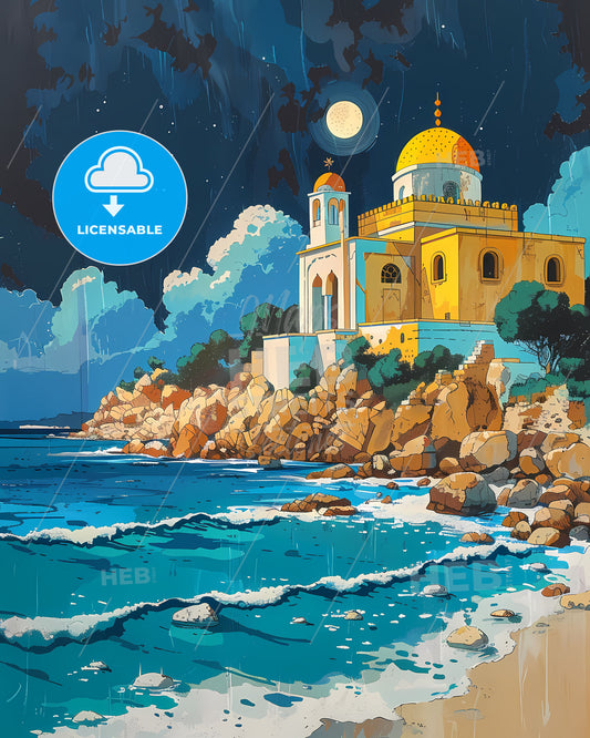 Vibrant Abstract Art: Rocky Beach Building, Tunisia, Africa