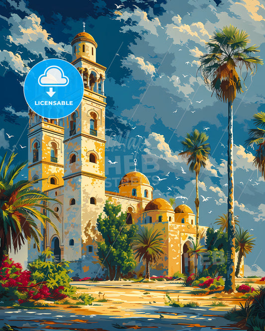 Vibrant African Architecture: Towered Building and Trees in Tunisia