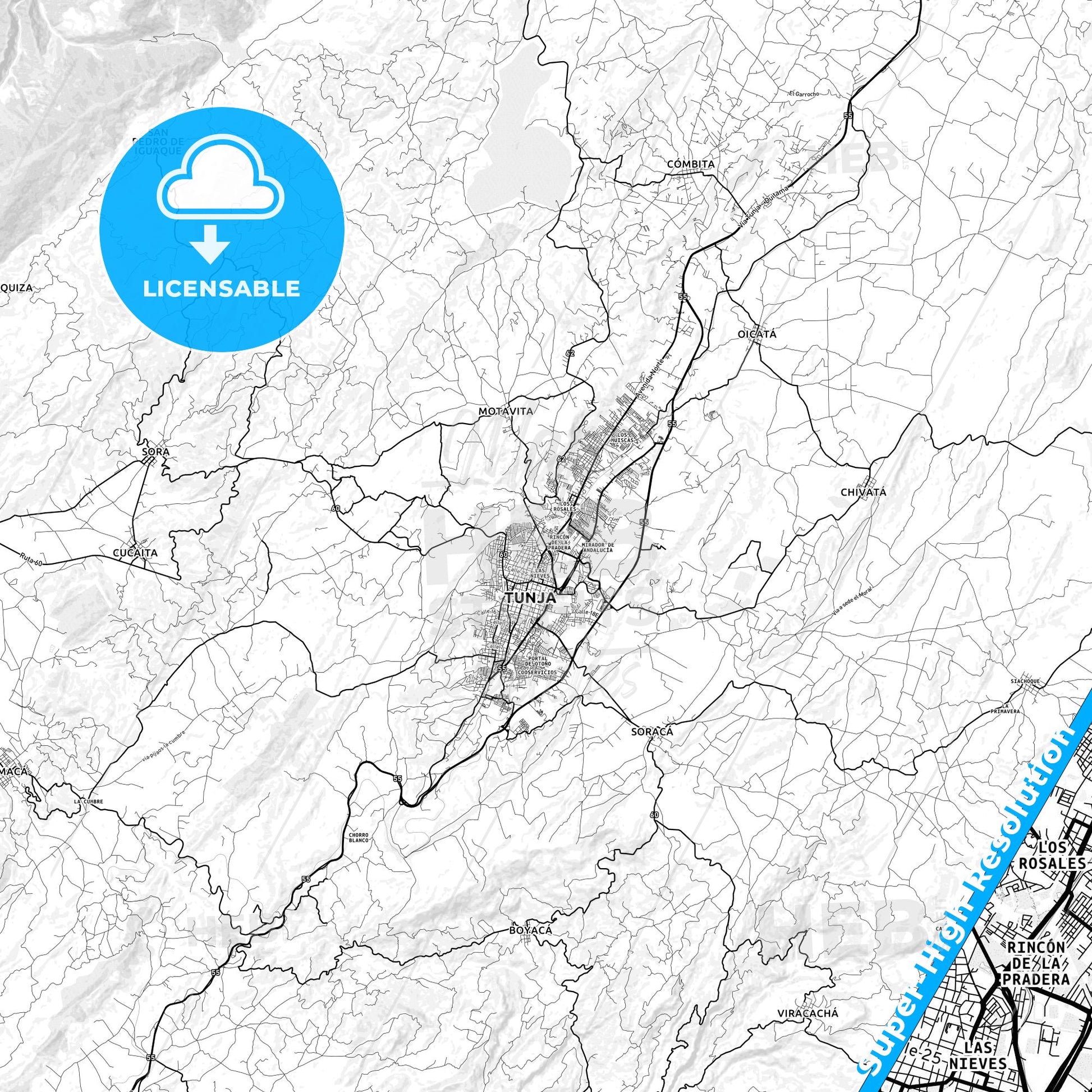 Tunja, Colombia light map with streetnames, citynames and districts