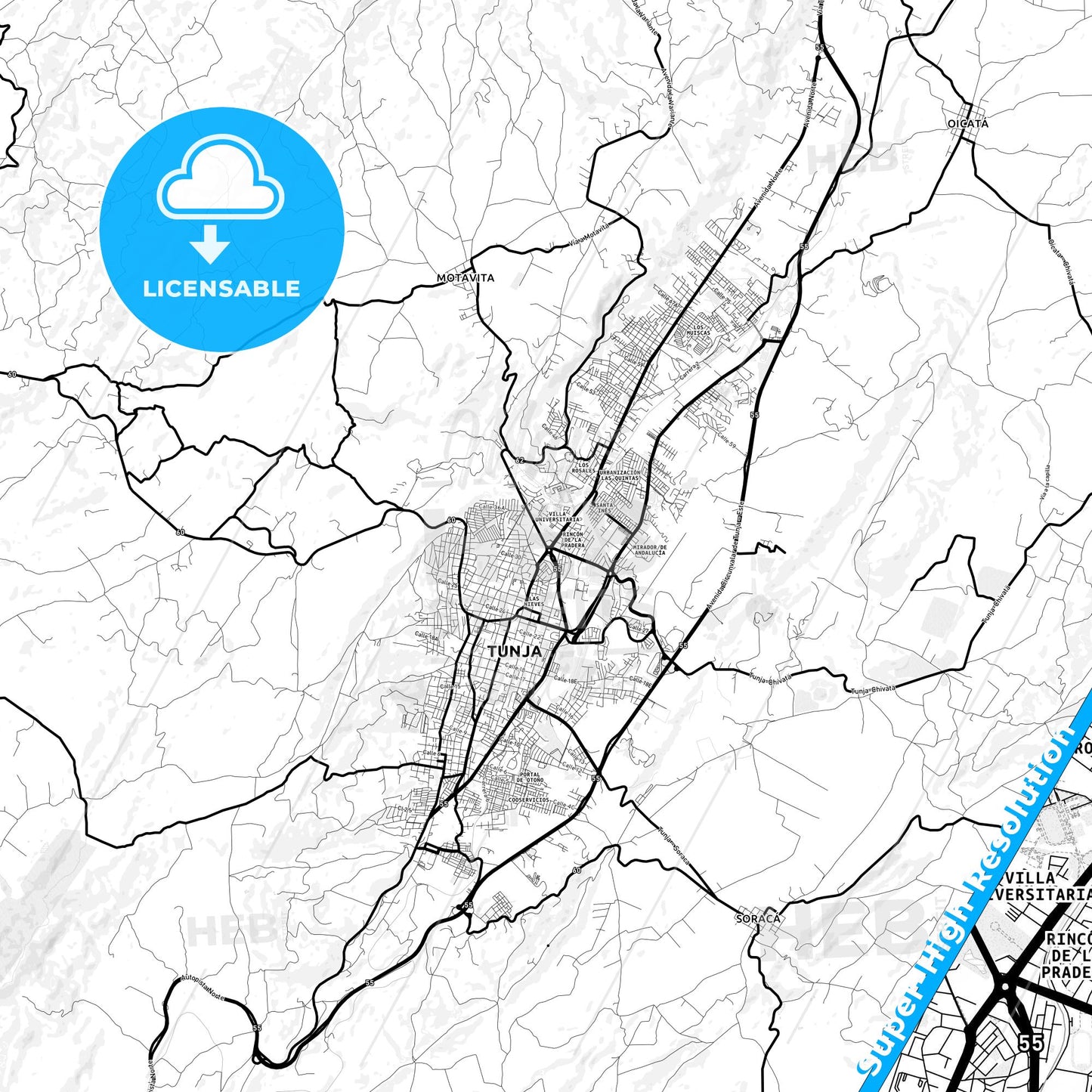Tunja, Colombia Light Map with Street Names, City Names, and Districts