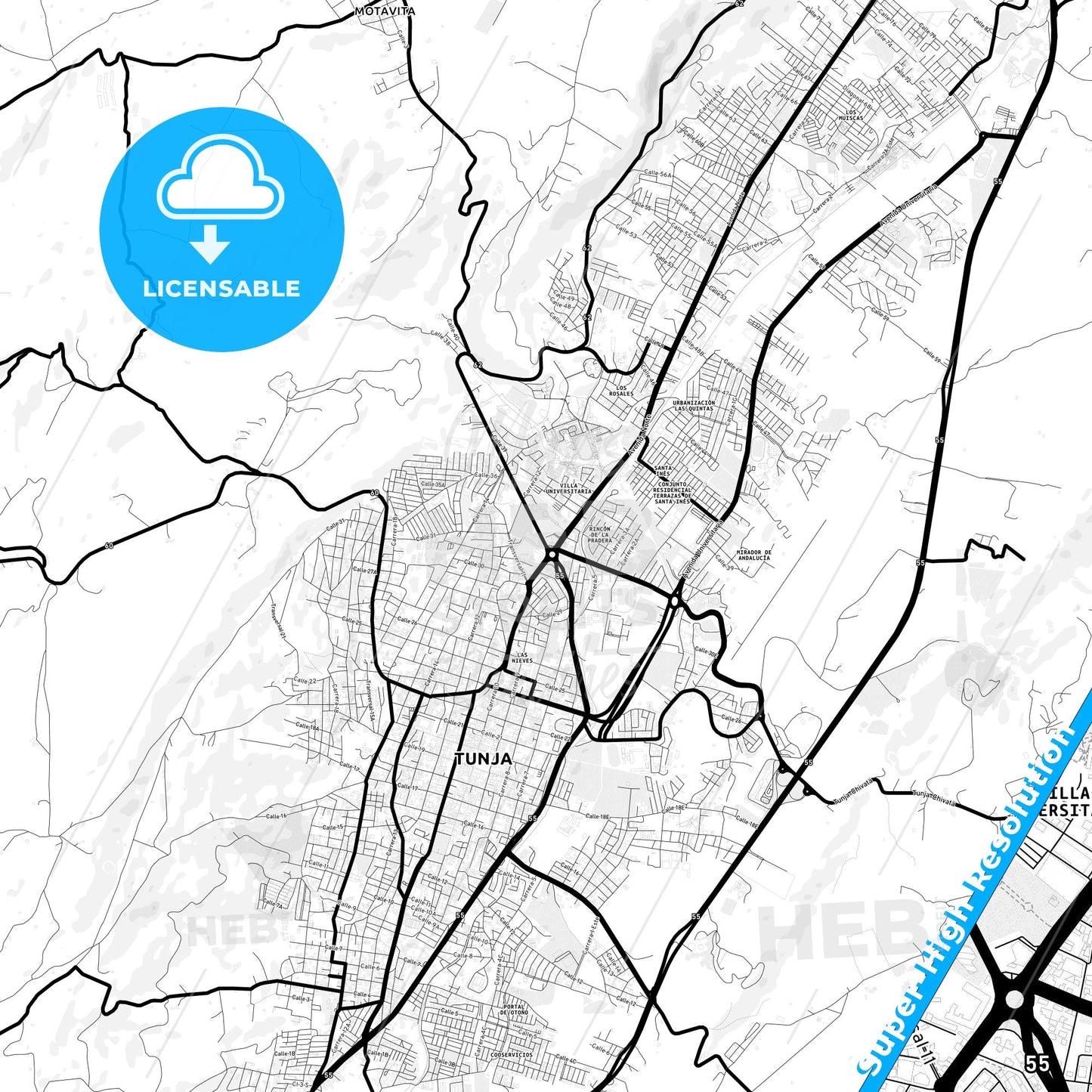 Tunja, Colombia Light Map with Street Names, City Names, and Districts