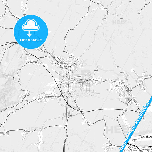 Turda, Romania light map with streetnames, citynames and districts