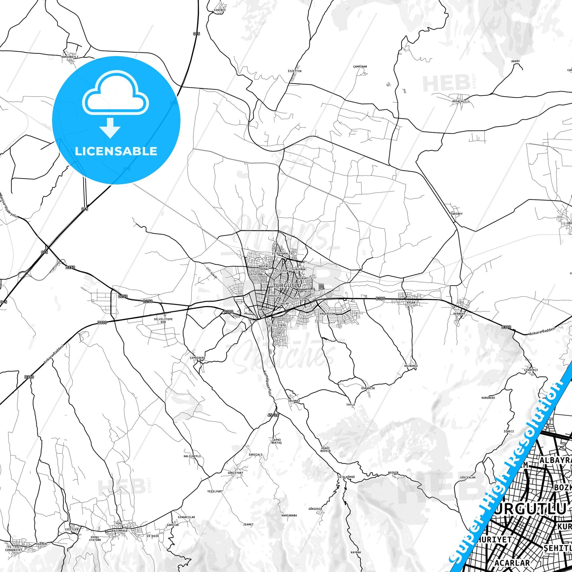 Turgutlu, Turkey light map with streetnames, citynames and districts