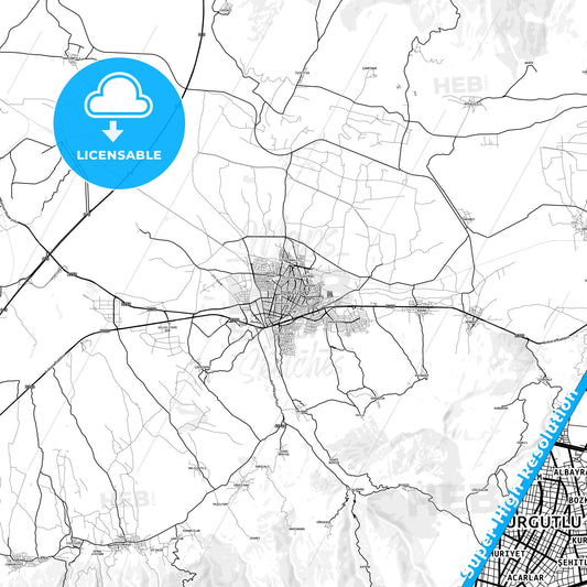 Turgutlu, Turkey light map with streetnames, citynames and districts