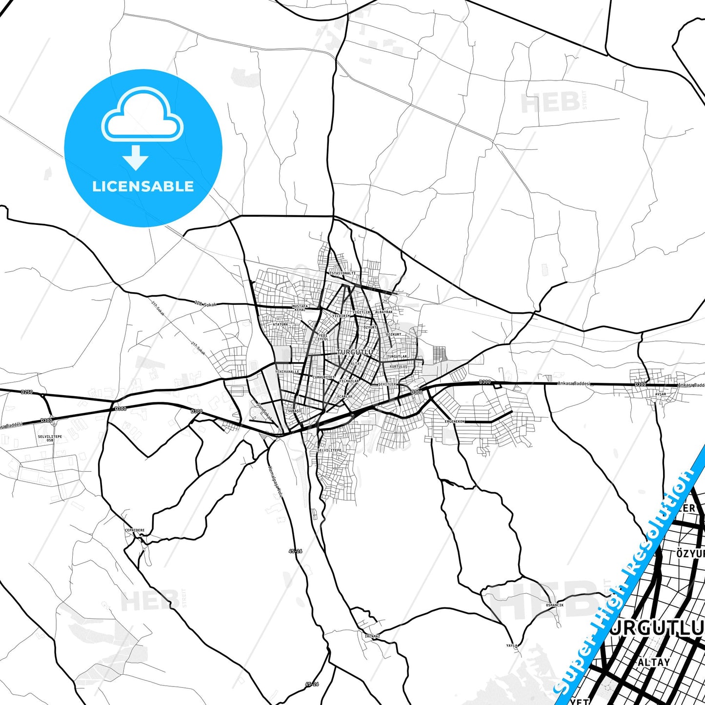 Turgutlu, Turkey Light Map with Street Names, City Names, and Districts
