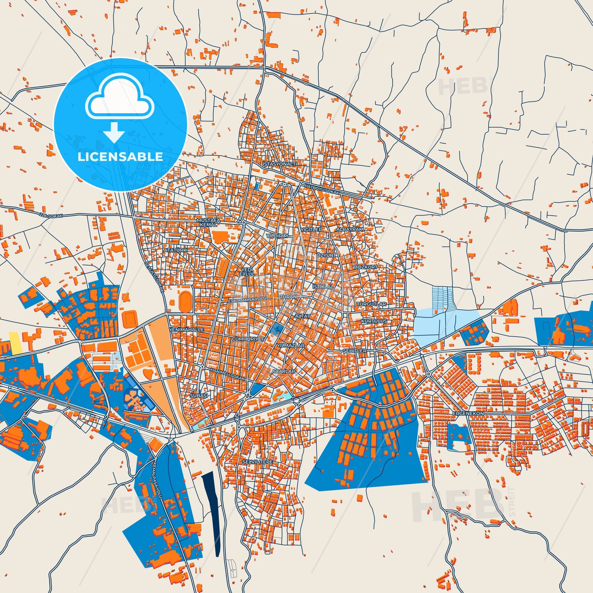 Colorful Turgutlu Street Map with Labels and Buildings