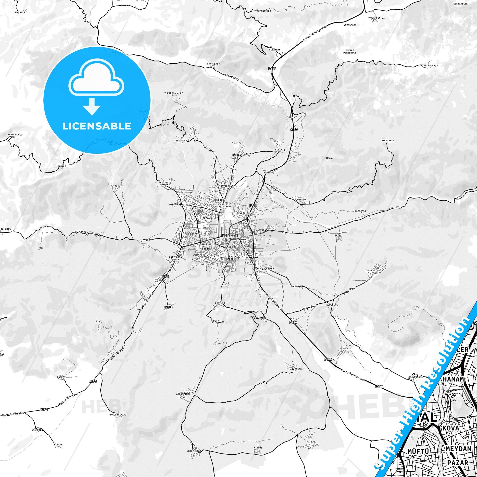 Turhal, Turkey light map with streetnames, citynames and districts