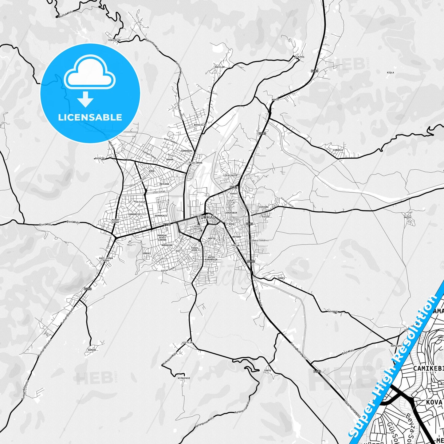 Turhal, Turkey Light Map with Street Names, City Names, and Districts