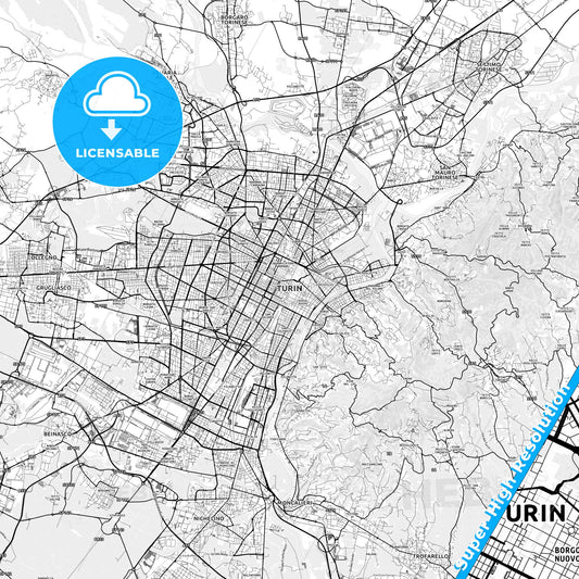 Turin, Italy light map with streetnames, citynames and districts