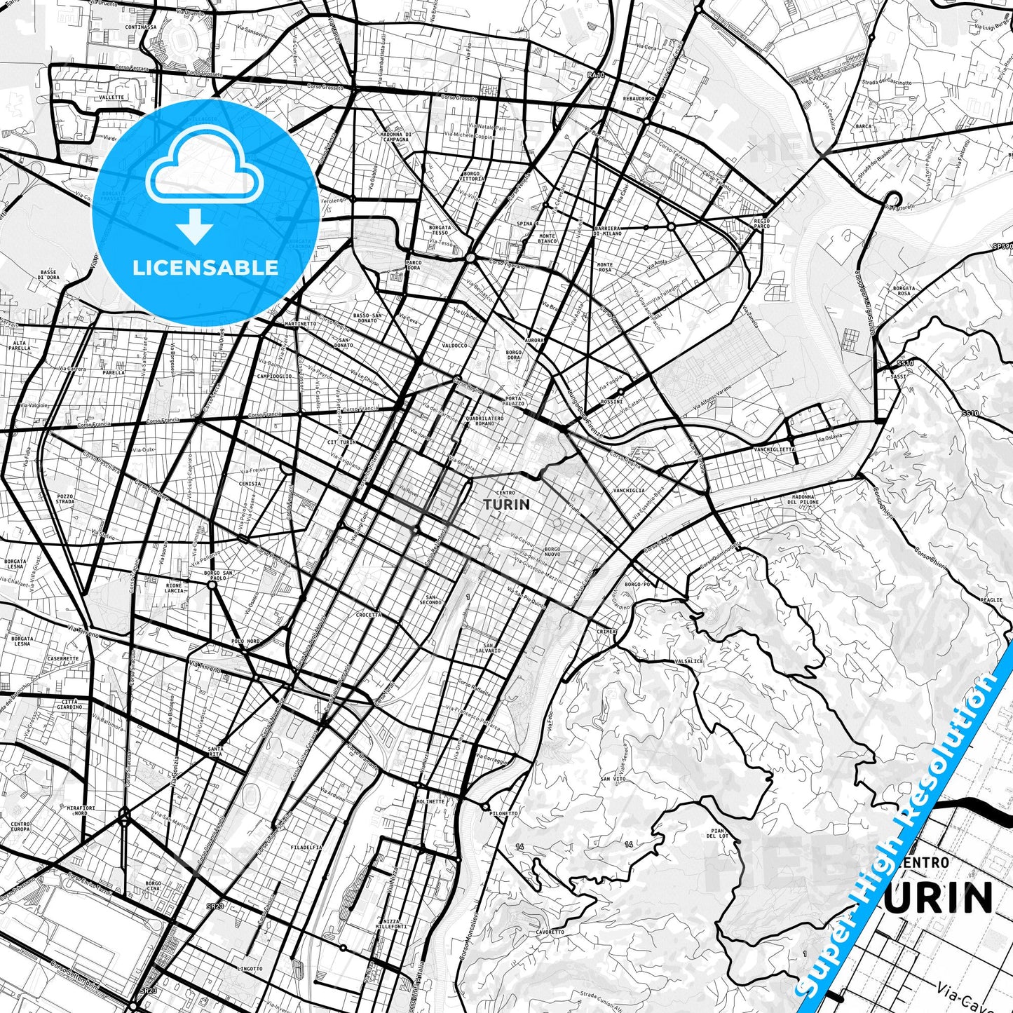 Turin, Italy Light Map with Street Names, City Names, and Districts