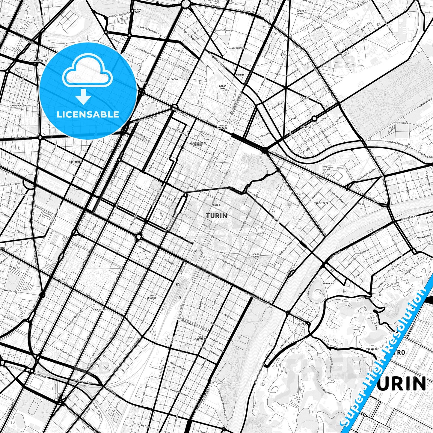 Turin, Italy Light Map with Street Names, City Names, and Districts