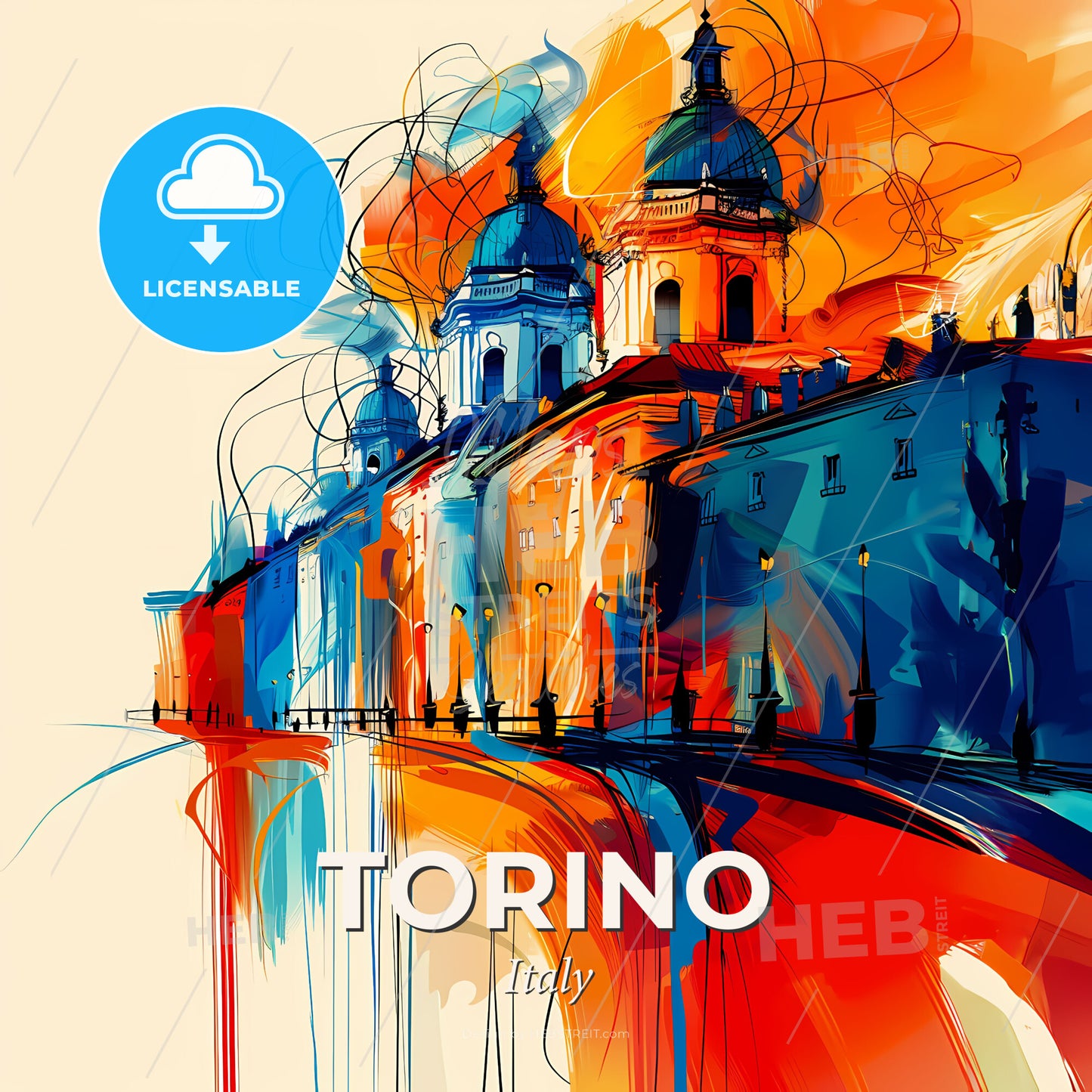 Vibrant Torino , Italy - A Painting Of A Building With A Colorful Background - Square format print template