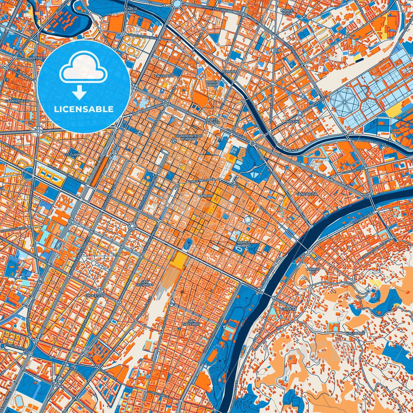 Colorful Turin Street Map with Labels and Buildings