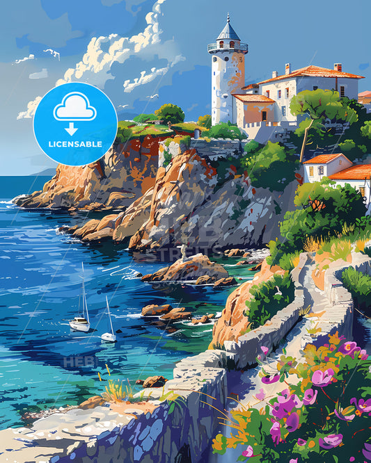 Vibrant Painting of a Coastal House Perched on a Cliff by the Water, Turkey, Europe