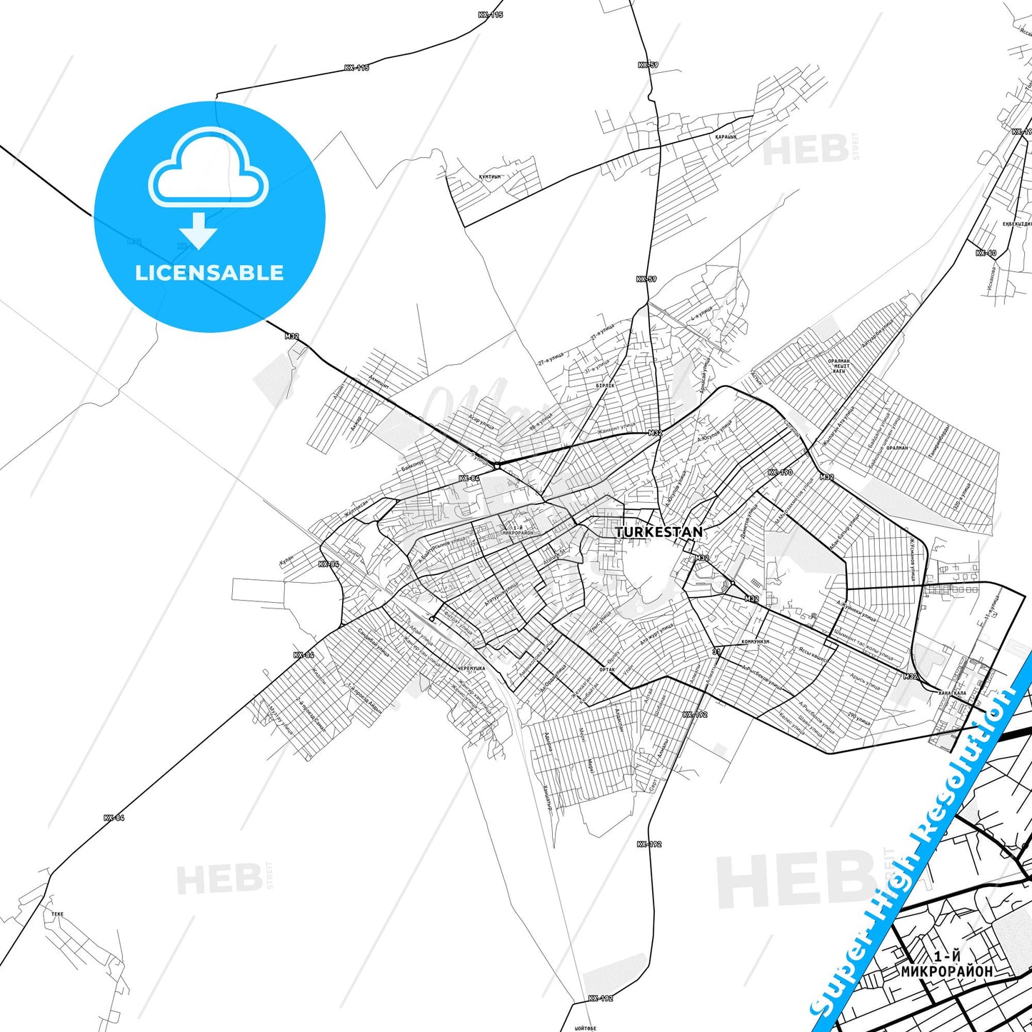 Turkistan, Kazakhstan light map with streetnames, citynames and districts