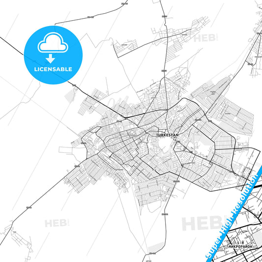 Turkistan, Kazakhstan light map with streetnames, citynames and districts